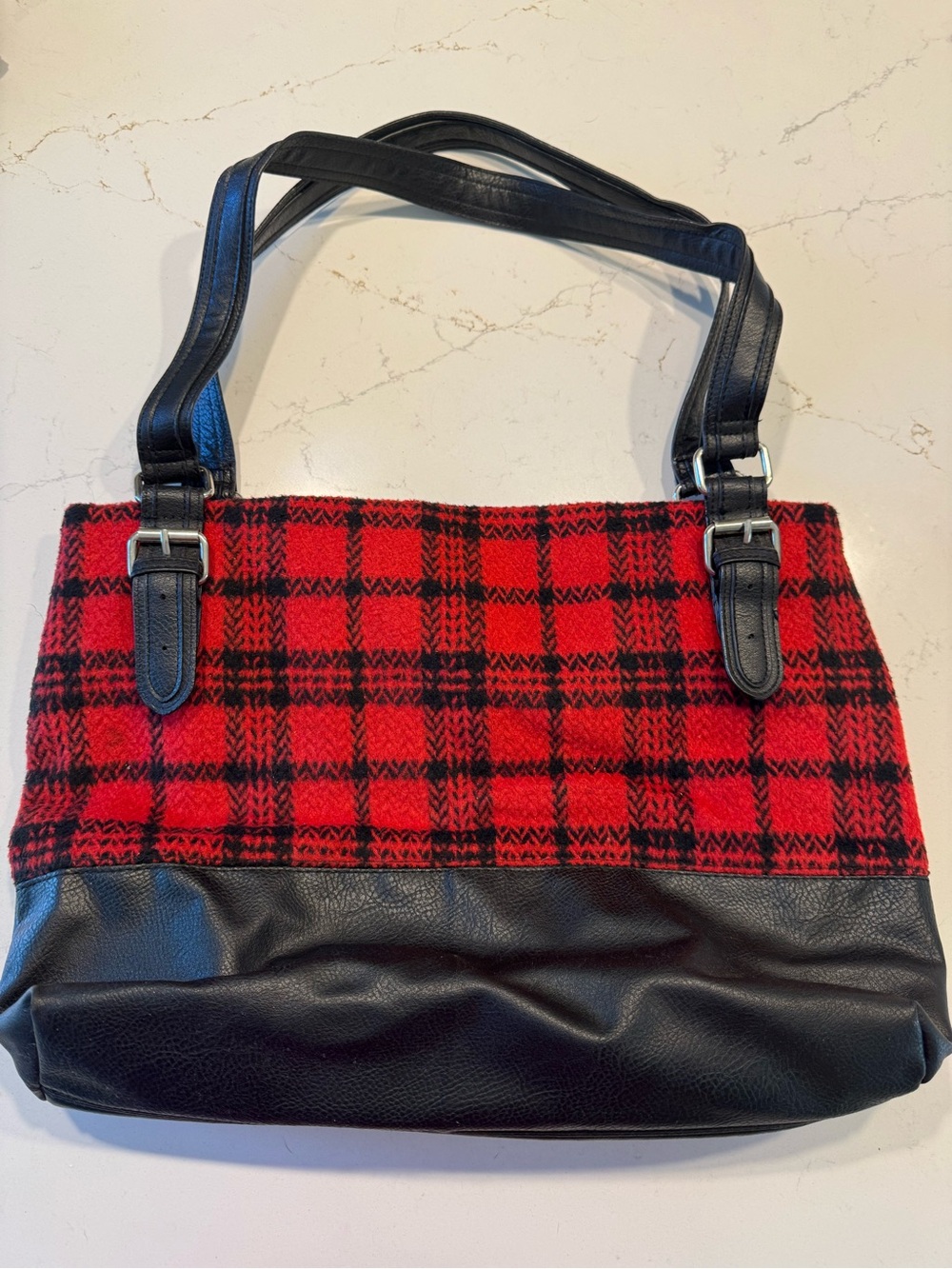 Bueno Red and Black Plaid Tote with Black Trim